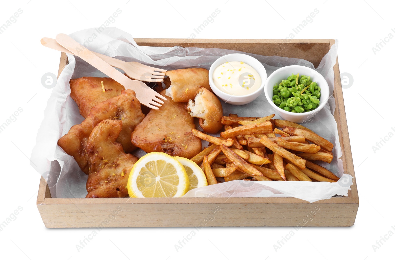 Photo of Tasty fish, chips, sauce and peas isolated on white