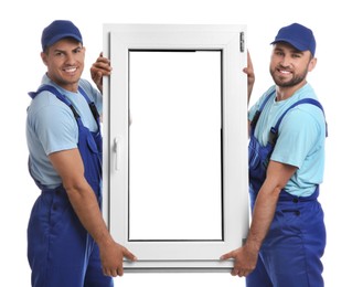 Workers with plastic window on white background. Installation service