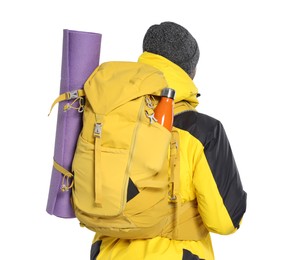 Photo of Tourist with backpack on white background, back view