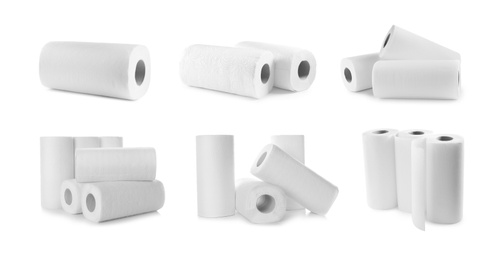 Image of Set of paper towels on white background