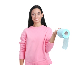 Beautiful woman holding toilet paper roll on white background