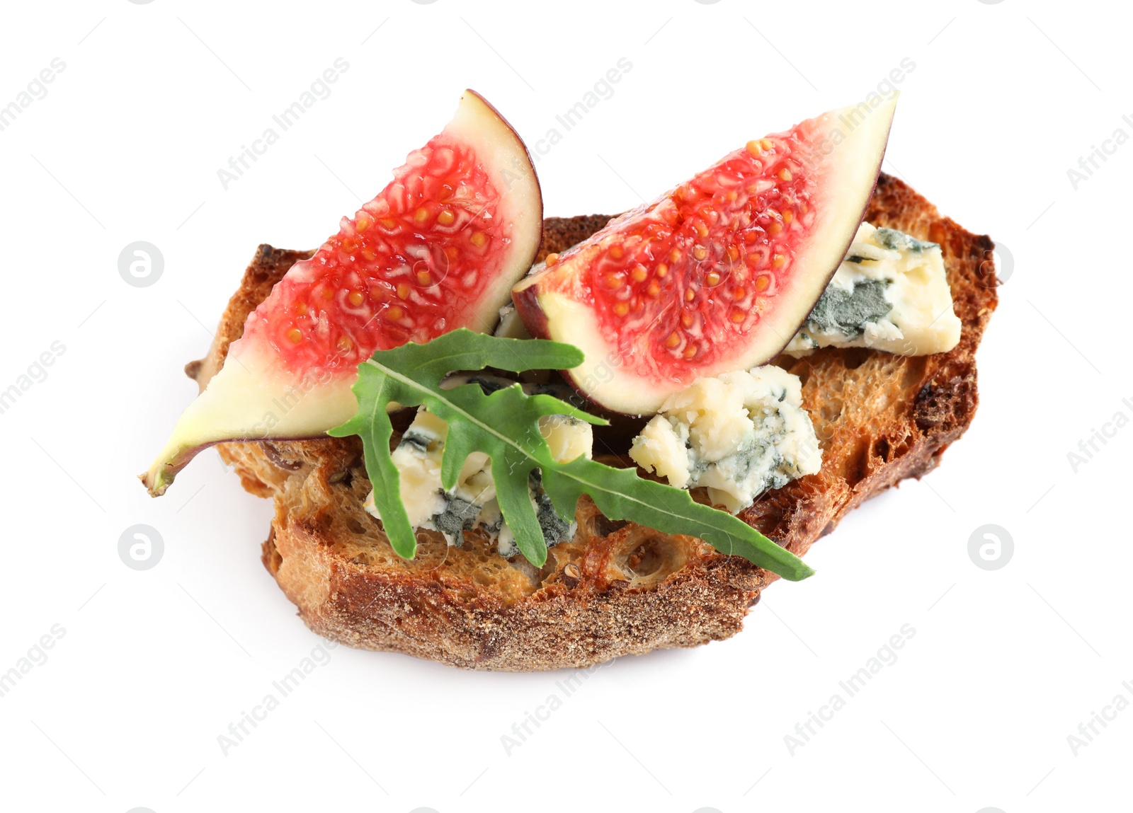 Photo of Bruschetta with cheese and figs isolated on white