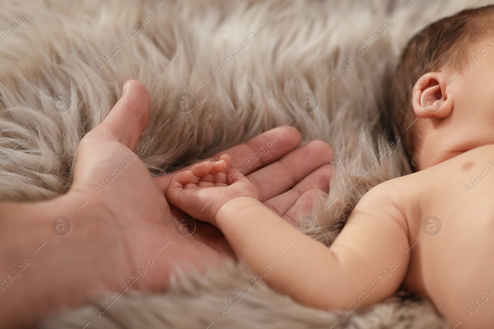 Photo of Father with his newborn baby on fluffy blanket, closeup. Lovely family