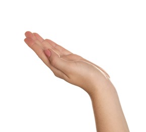 Photo of Freedom concept. Woman showing her hand on white background, closeup