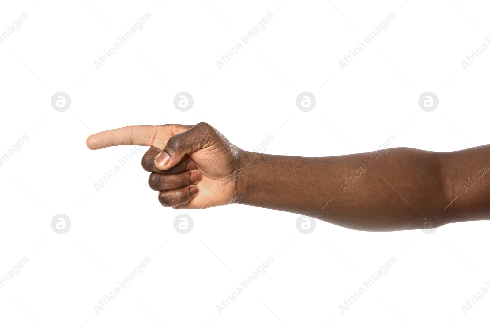 Photo of African-American man pointing at something on white background, closeup