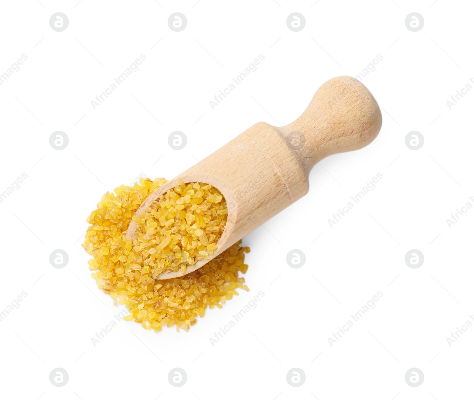 Photo of Scoop with raw bulgur isolated on white, top view