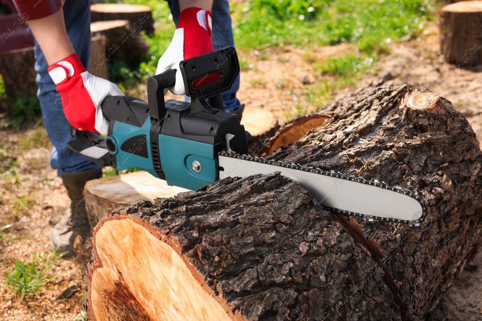 Photo of Man sawing wooden log on sunny day, closeup