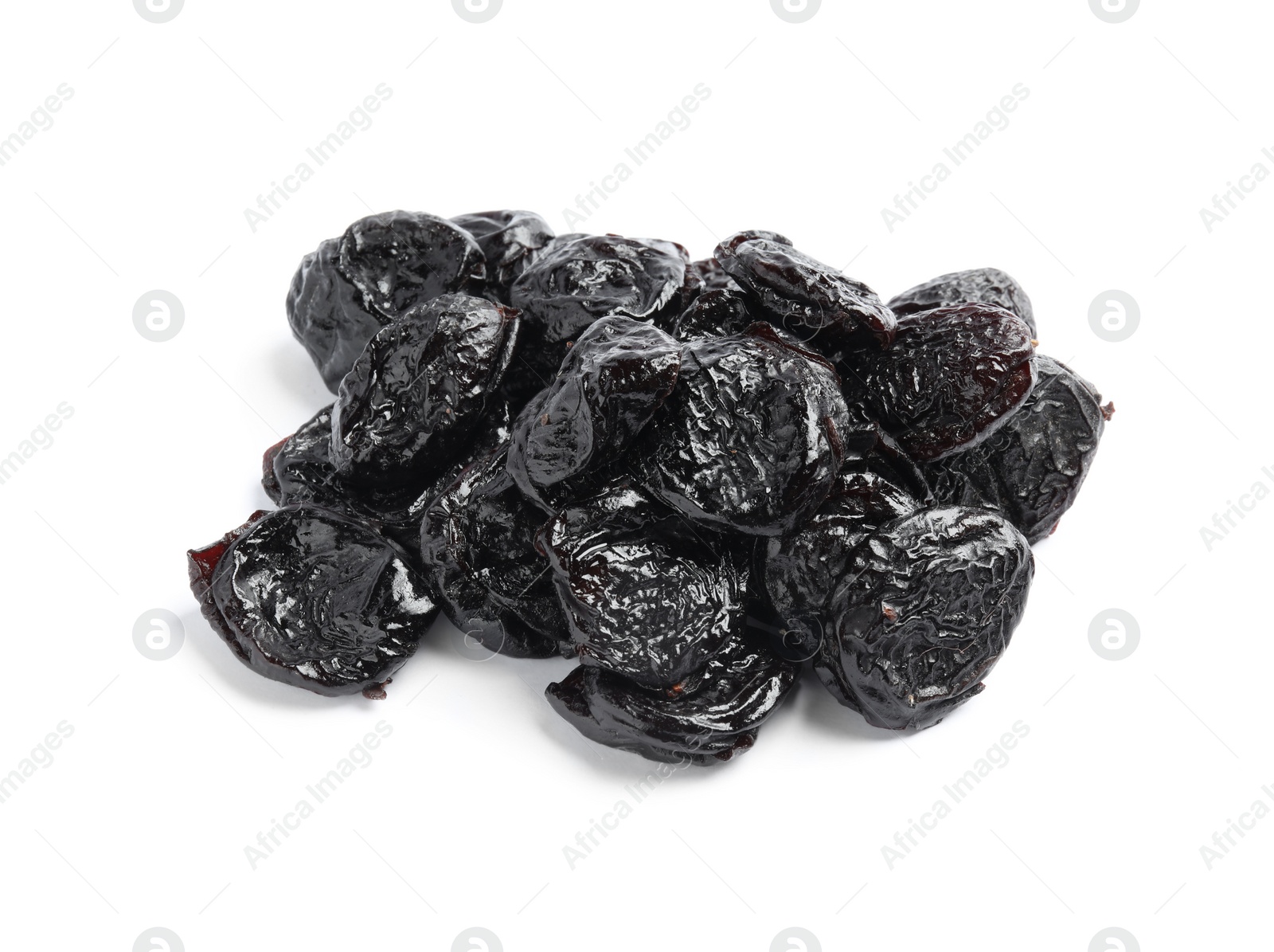 Photo of Heap of tasty prunes on white background. Dried fruit as healthy snack