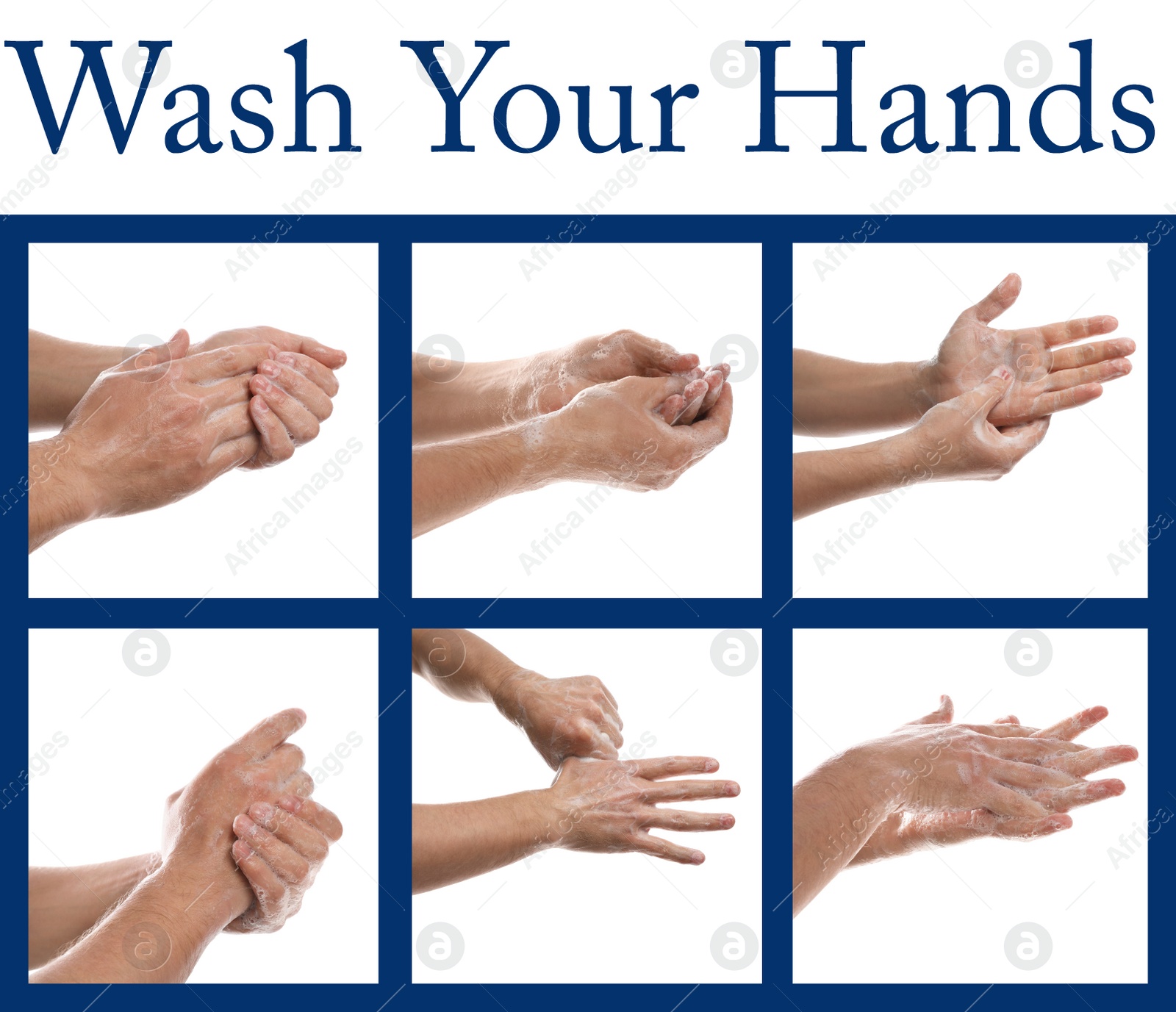 Image of Steps of washing hands effectively. Collage with man on white background, closeup