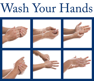 Steps of washing hands effectively. Collage with man on white background, closeup