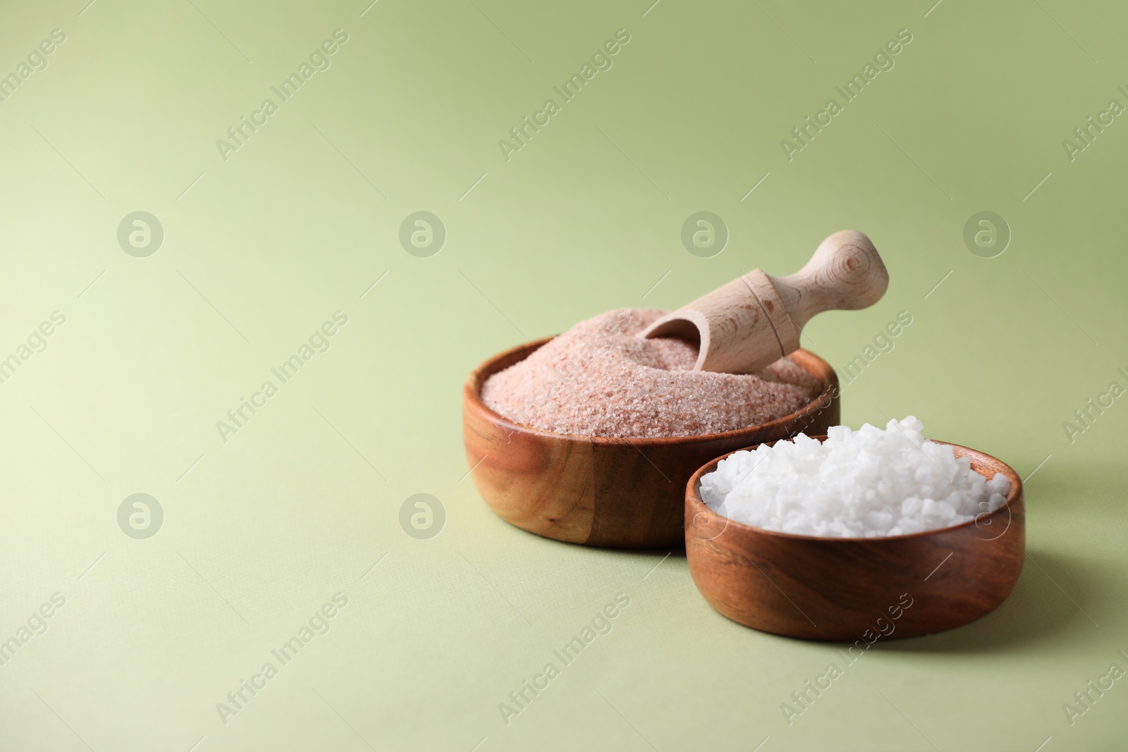 Photo of Different salt in bowls and scoop on green background, space for text