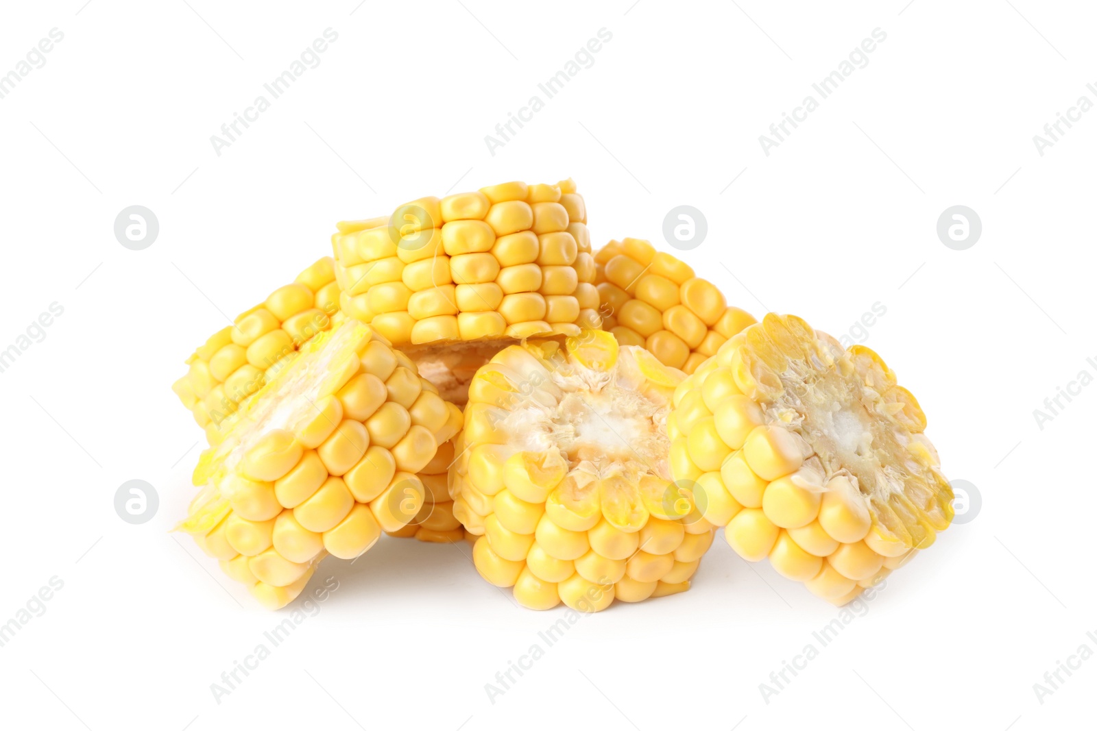 Photo of Pieces of ripe raw corn cob on white background