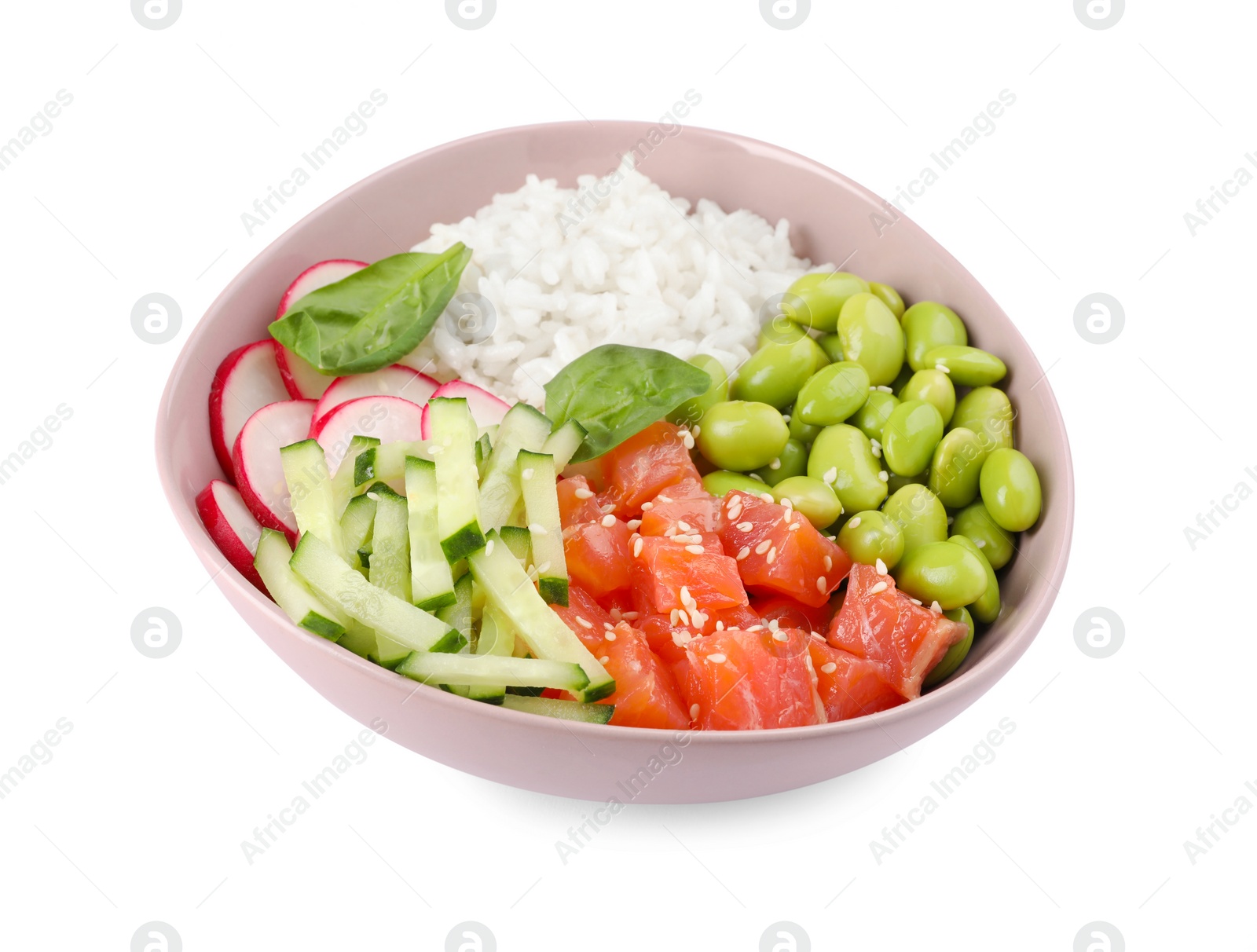 Photo of Poke bowl with salmon, edamame beans and vegetables isolated on white