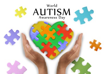 Image of World Autism Awareness Day. Heart made of colorful puzzle pieces and woman on white background, closeup