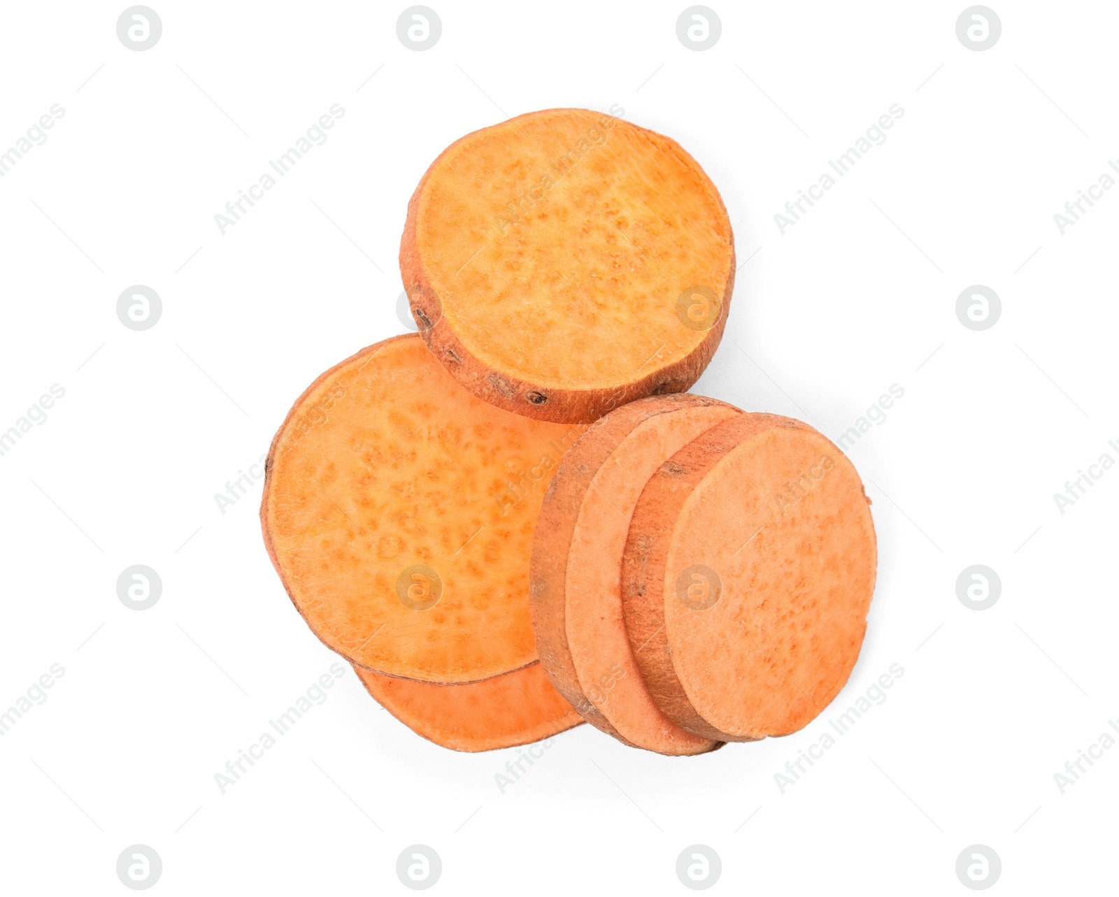 Photo of Cut fresh sweet potato on white background, top view