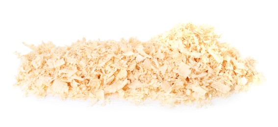 Photo of Pile of wood shavings isolated on white