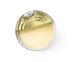 Photo of Open tin can with condensed milk isolated on white, top view