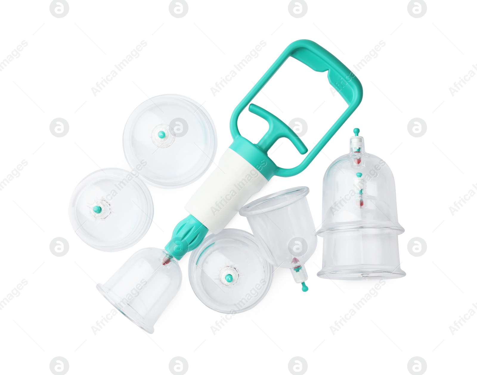 Photo of Plastic cups and hand pump isolated on white, top view. Cupping therapy