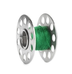 Photo of Metal spool of green sewing thread isolated on white