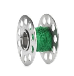 Metal spool of green sewing thread isolated on white