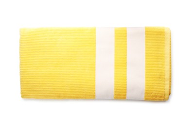 Folded yellow towel isolated on white, top view. Beach object