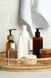 Photo of Bath accessories. Personal care products on white table