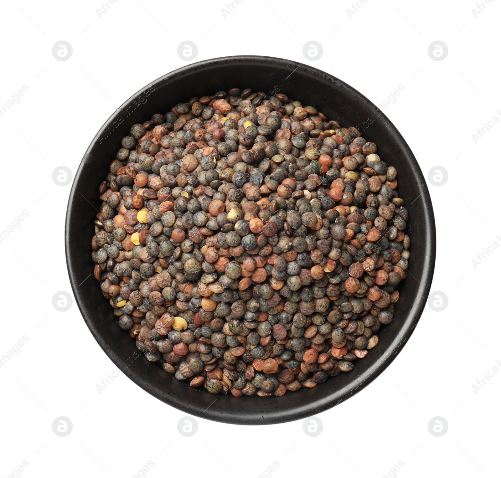 Photo of Raw lentils in bowl isolated on white, top view