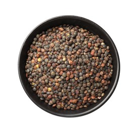 Raw lentils in bowl isolated on white, top view