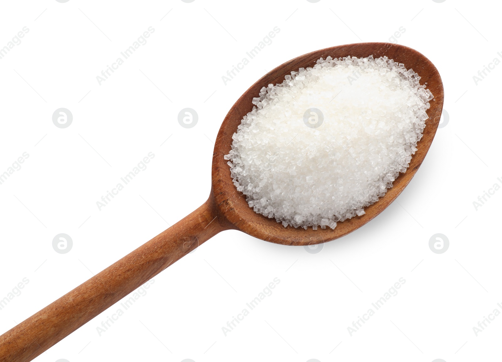 Photo of Granulated sugar in wooden spoon isolated on white, top view