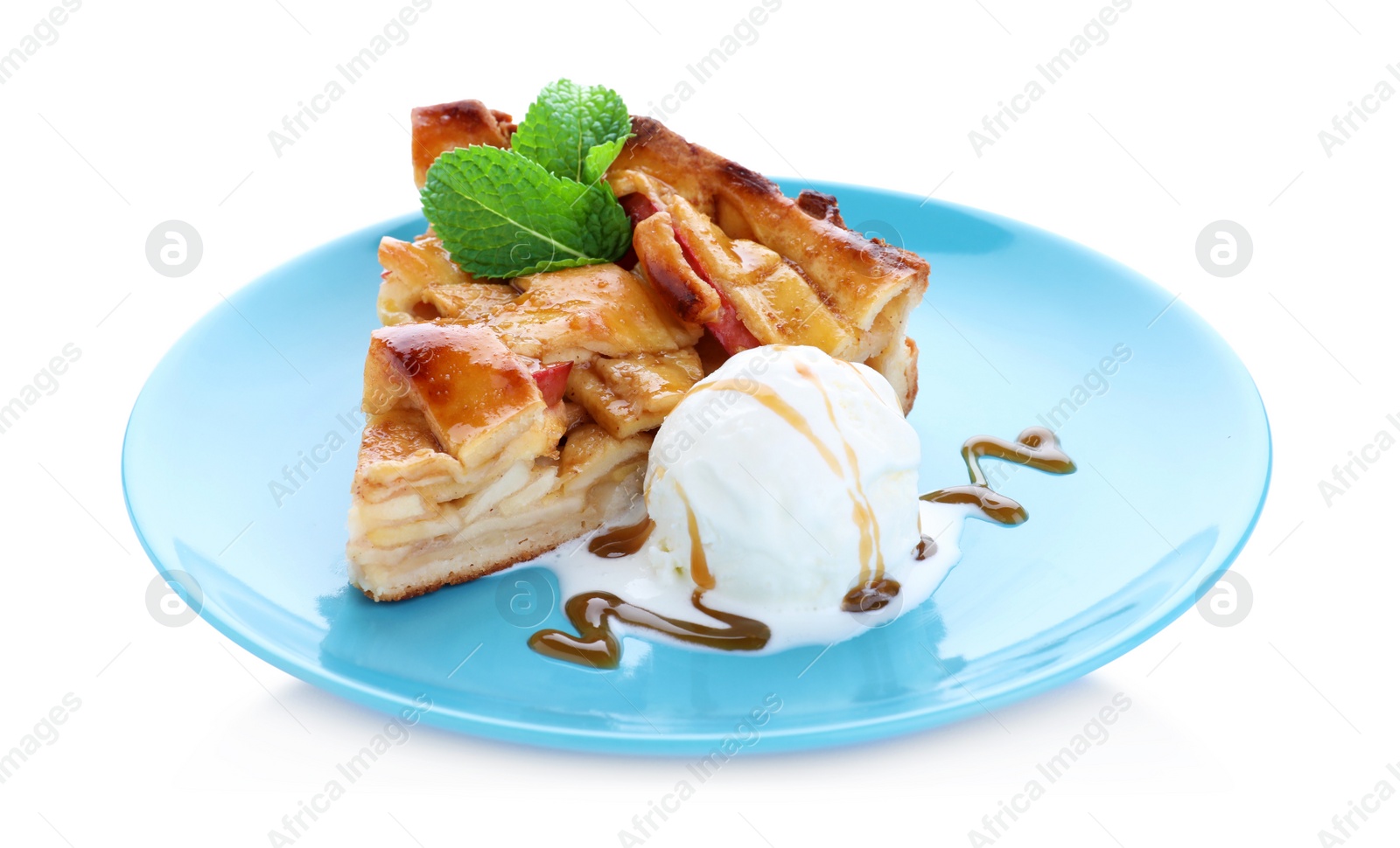 Photo of Slice of traditional apple pie with ice cream and mint isolated on white