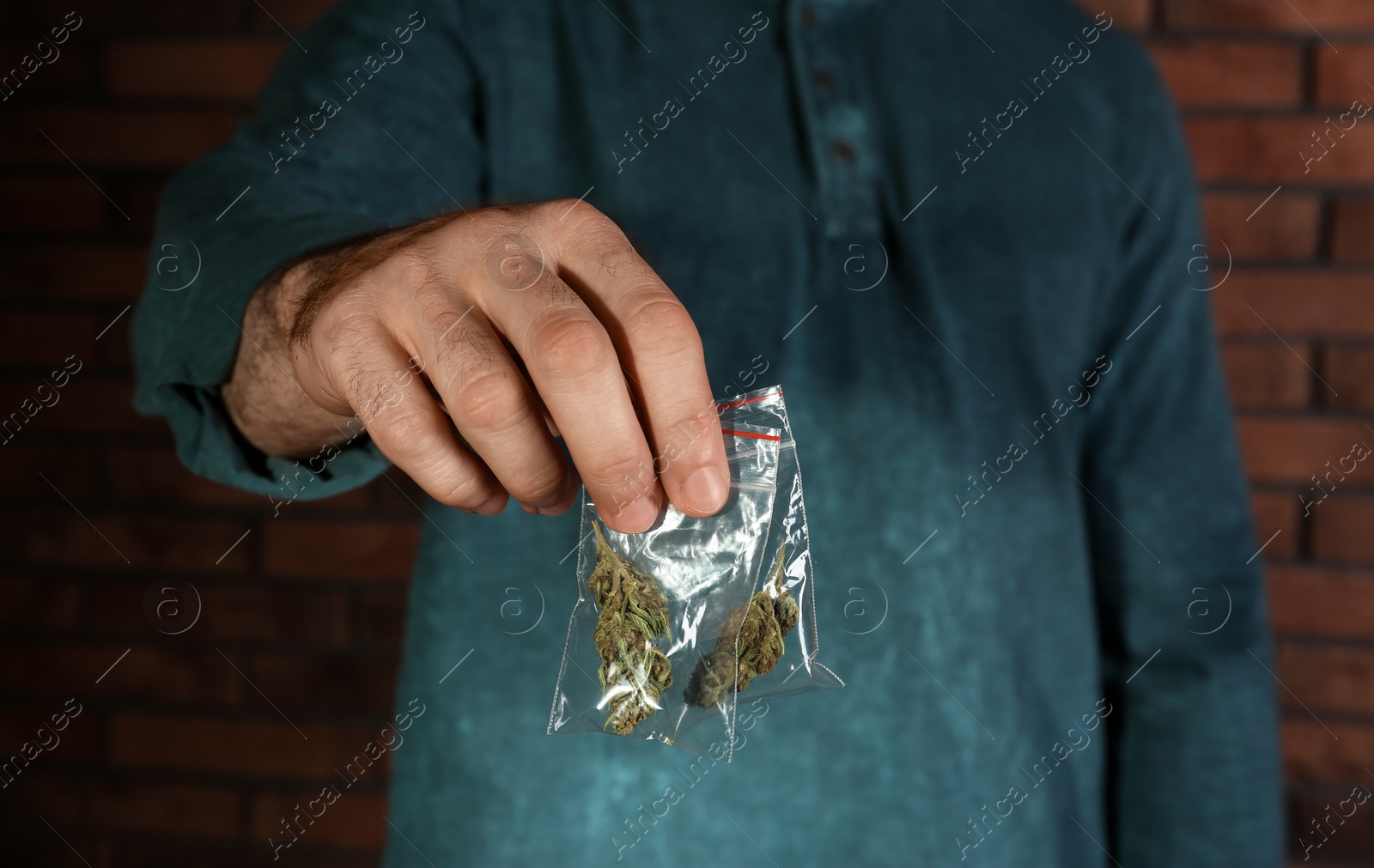 Photo of Male dealer holding hemp in plastic bag near brick wall, closeup