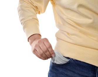 Photo of Poor woman showing empty pocket on white background, closeup