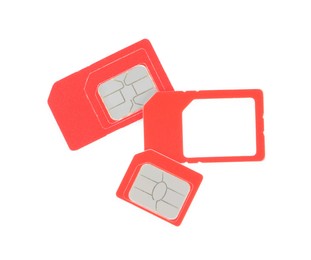 Photo of Red SIM cards on white background, top view