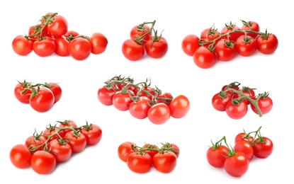 Image of Set of ripe red tomatoes on white background