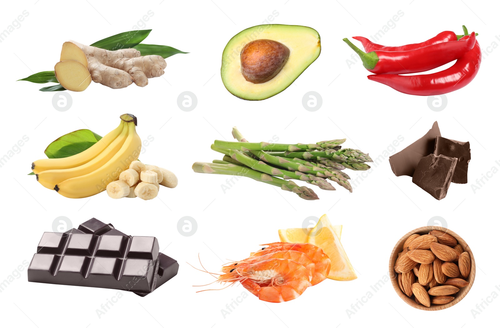 Image of Set with different aphrodisiac food for increasing sexual desire on white background 