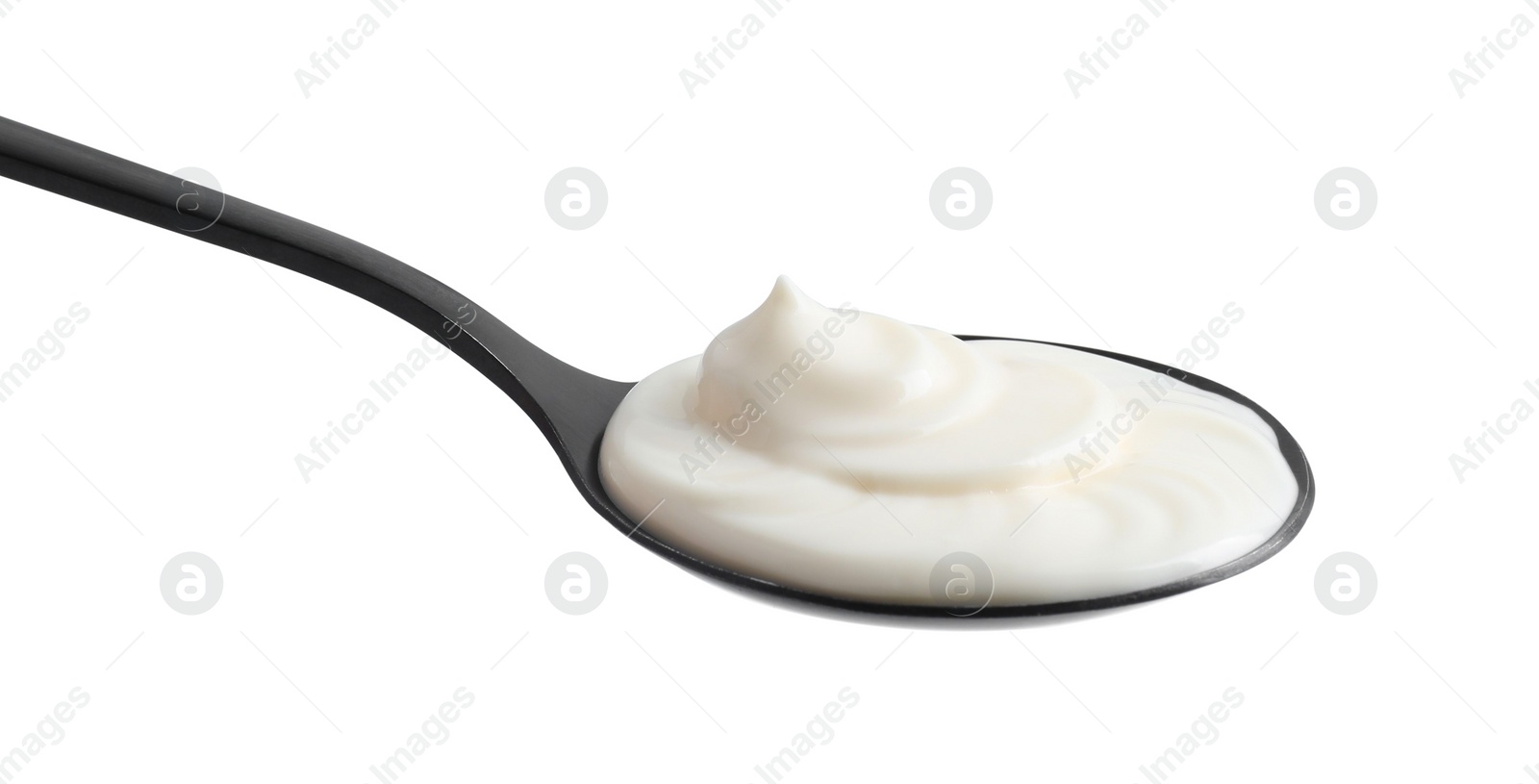 Photo of One black spoon with mayonnaise isolated on white