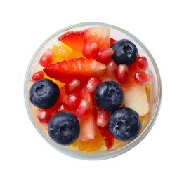 Delicious fruit salad in glass isolated on white, top view