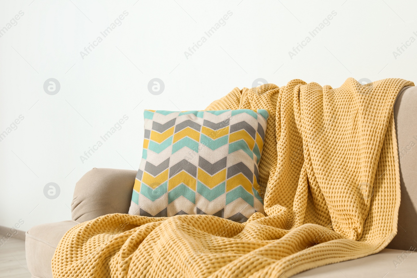 Photo of Cozy sofa with pillow and plaid near light wall. Idea for living room interior design