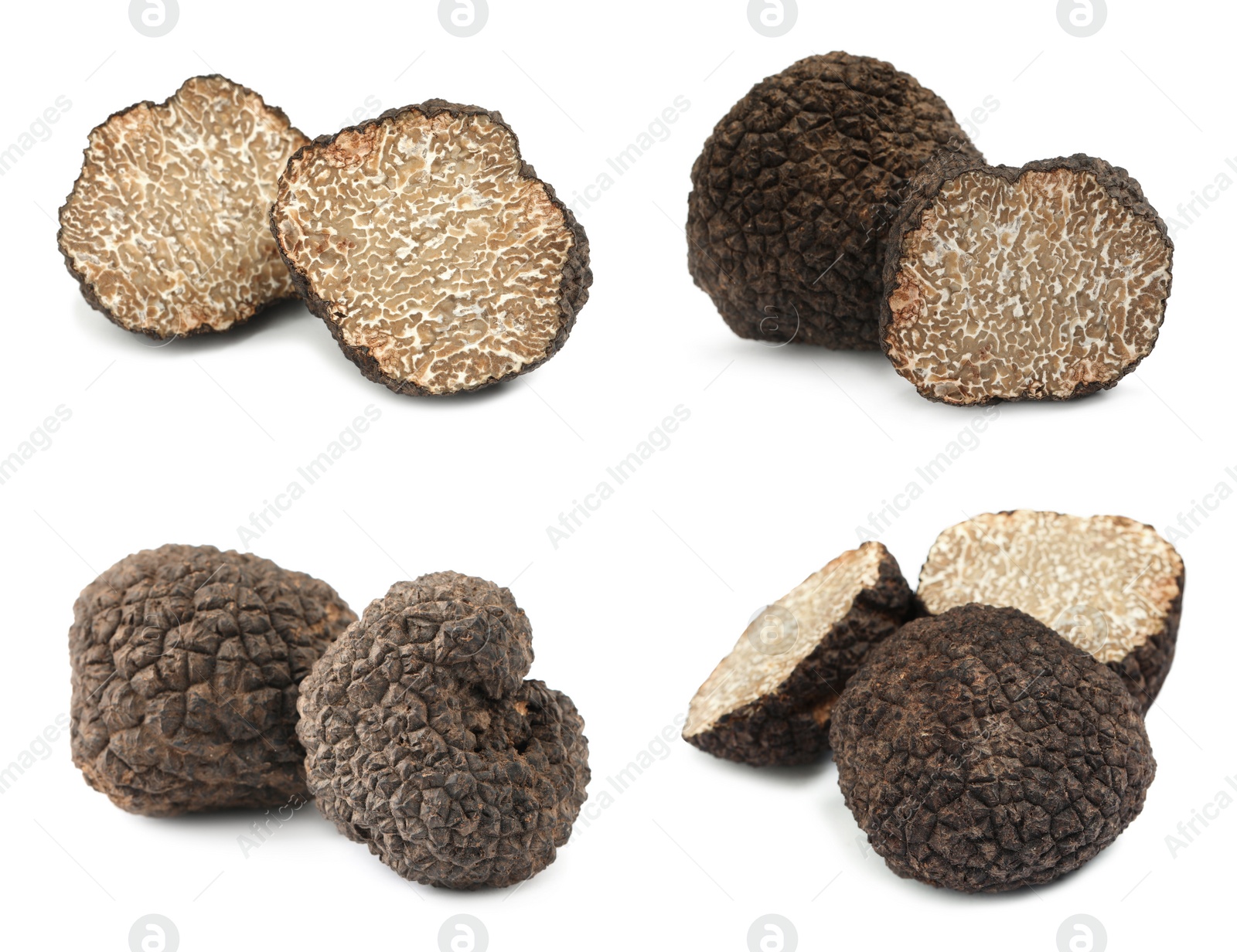 Set with expensive delicious black truffles on white background Image of Set with expensive delicious black truffles on white background