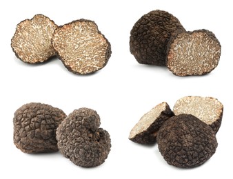 Image of Set with expensive delicious black truffles on white background