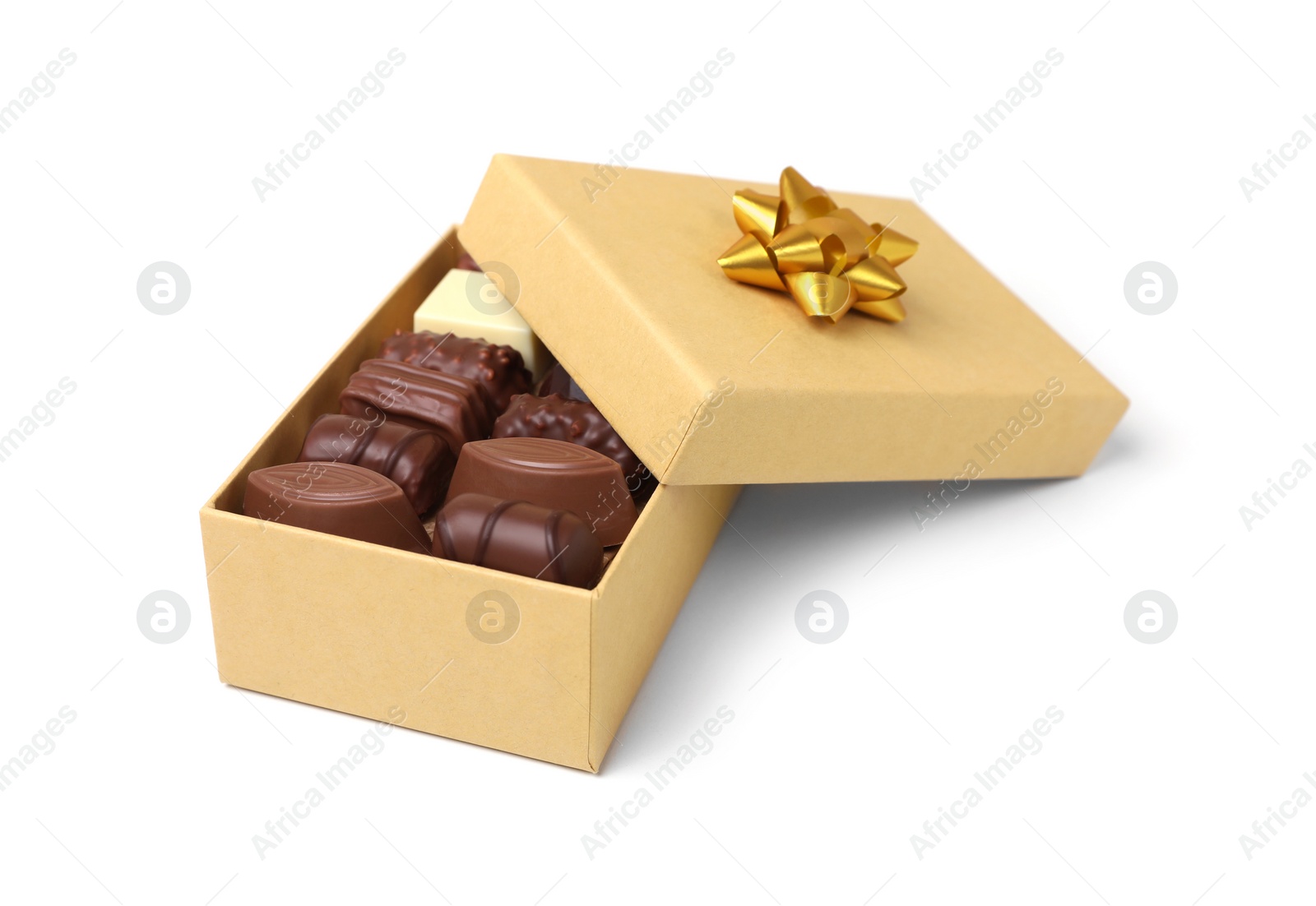 Photo of Box with tasty chocolate candies isolated on white