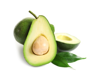 Ripe fresh avocados on white background