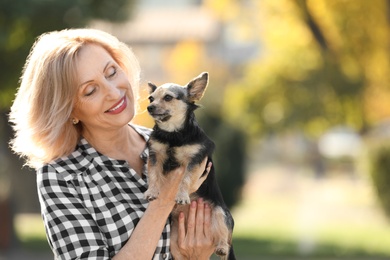 Beautiful mature woman with cute dog in park