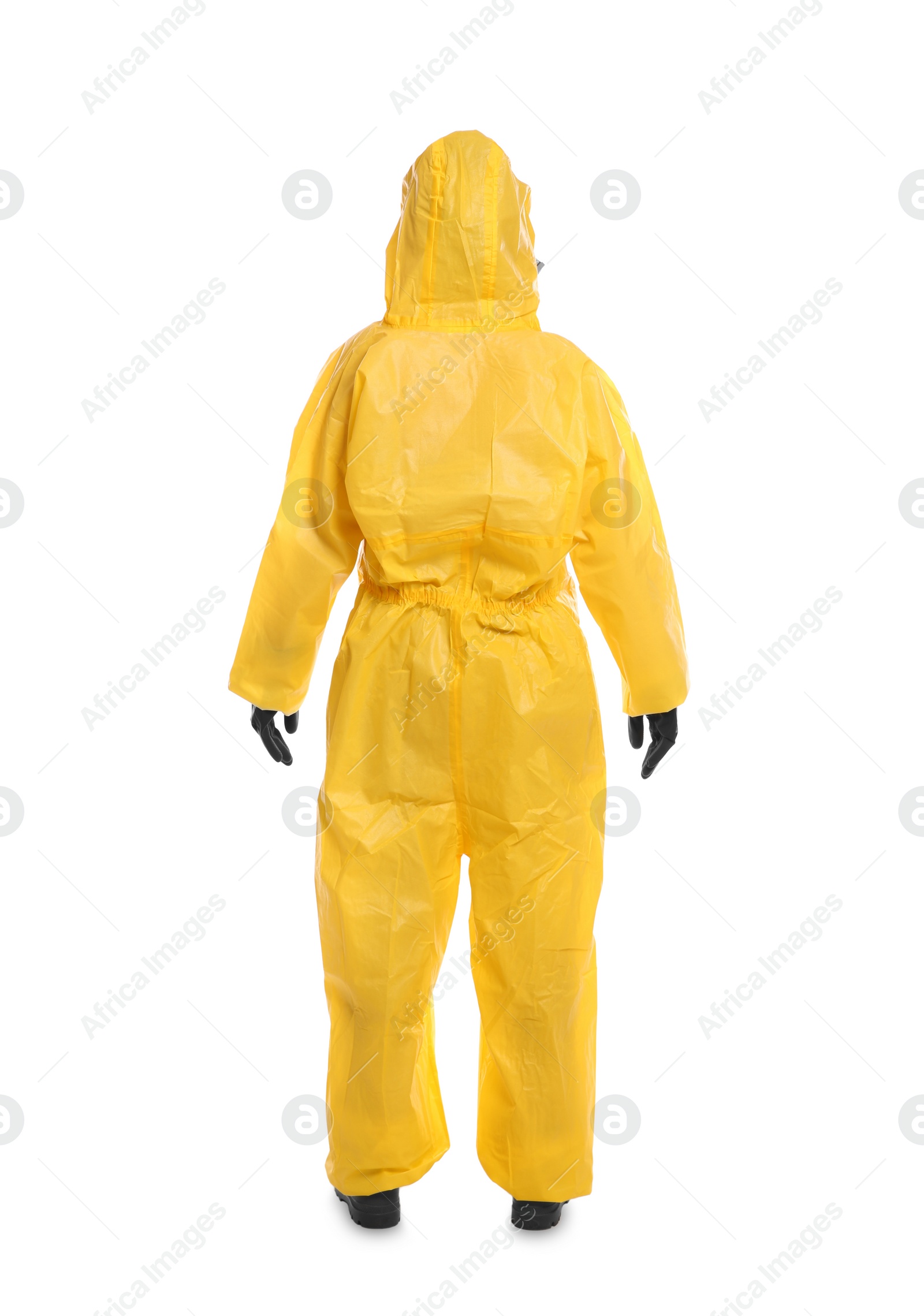 Photo of Woman wearing chemical protective suit on white background, back view. Virus research