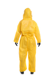 Photo of Woman wearing chemical protective suit on white background, back view. Virus research