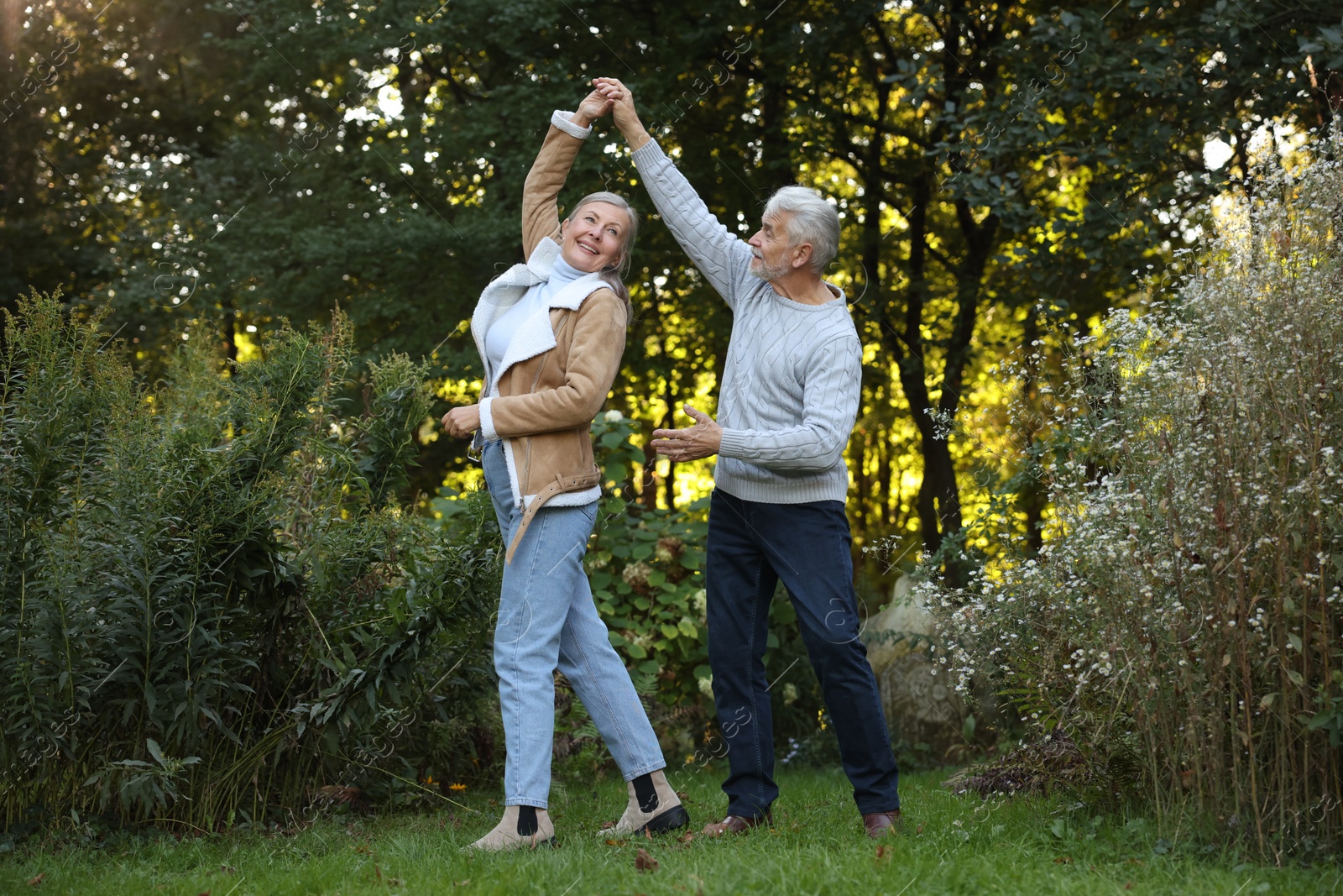 Photo of Affectionate senior couple dancing together in park. Romantic date