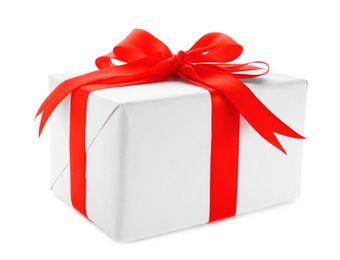 Photo of Gift box with red ribbon on white background