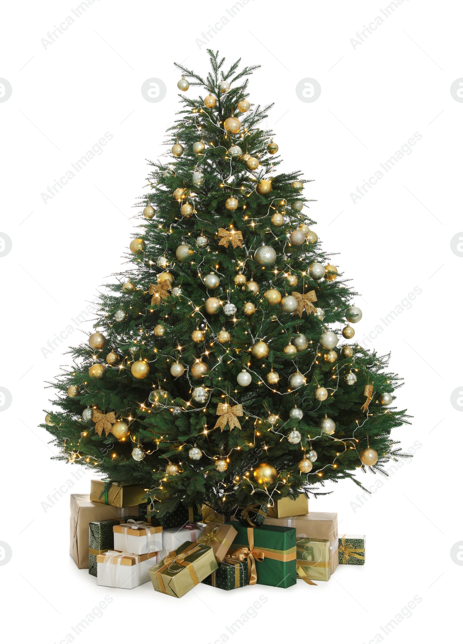 Photo of Christmas tree with beautiful decorations and gifts on white background