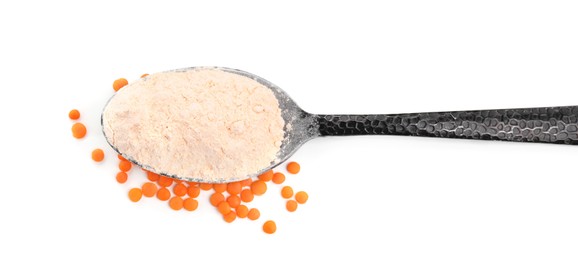 Photo of Spoon of lentil flour and grains on white background, top view