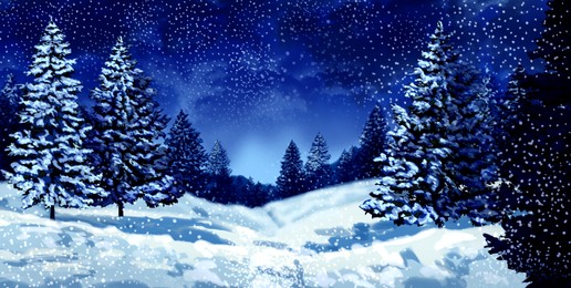 Winter landscape, banner design. Picturesque meadow and forest during snowfall at night